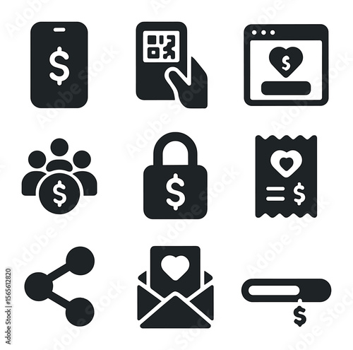 Digital Donation Icons. Solid, filled icons set of digital donation tools: smartphone donation, QR code scan,