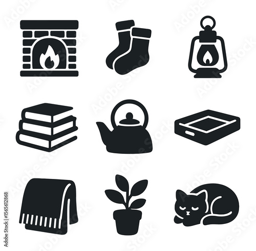 Hygge Icon Set. Solid, filled icons set of hygge-inspired living: crackling fireplace, wool socks, stack of