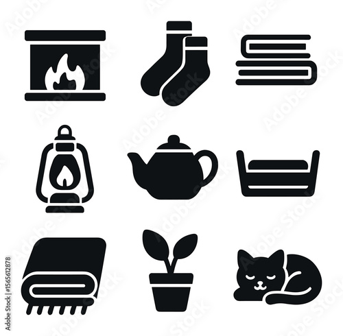 Hygge Icon Set. Solid, filled icons set of hygge-inspired living: crackling fireplace, wool socks, stack of