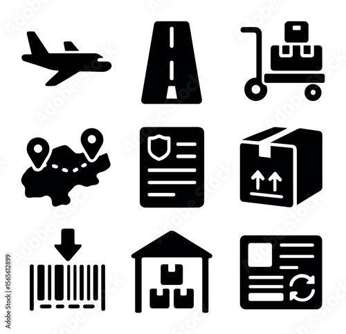 Air Cargo Icons. Solid, filled icons set of air cargo trade routes: cargo airplane, runway icon, pallet loader