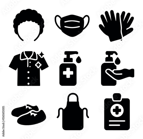Hygiene Essentials Icons. Solid, filled icons set of personal hygiene essentials: hair cap, face mask, clean