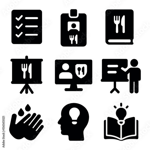 Food Handler Icons. Solid, filled icons set of food handler training: checklist icon, training badge, handbook
