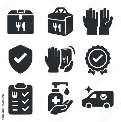 Safe Food Delivery Icons. Solid, filled icons set of safe food delivery handling: sealed package, insulated