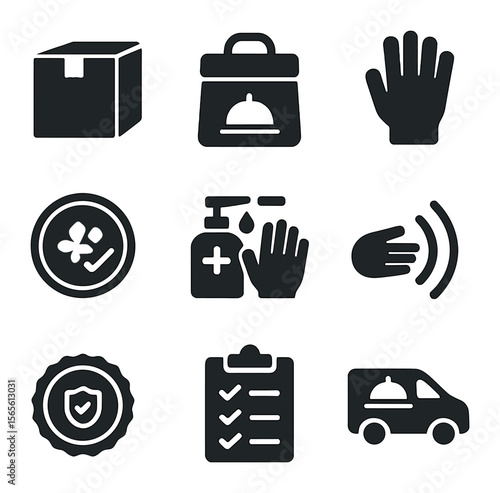 Safe Food Delivery Icons. Solid, filled icons set of safe food delivery handling: sealed package, insulated