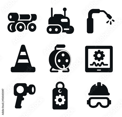 Utility Robot Icons. Solid, filled icons set of utility infrastructure robots: pipeline crawler, inspection