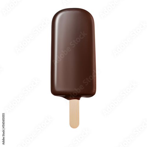 Chocolate covered ice cream bar on stick isolated on transparent background, frozen dessert cutout
