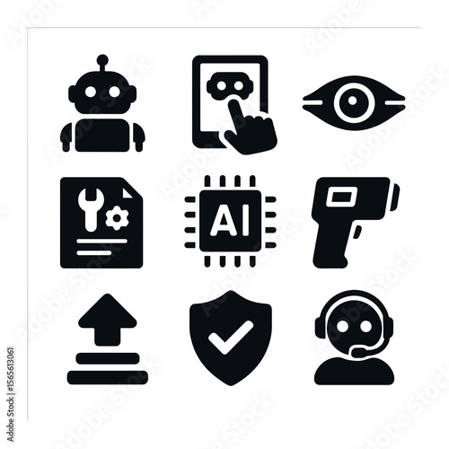 AI Service Bot Icons. Solid, filled icons set of AI-driven service bots: humanoid robot, touchscreen panel,