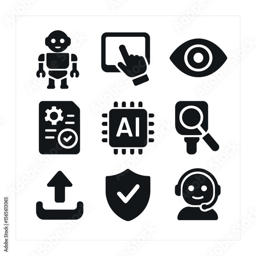 AI Service Bot Icons. Solid, filled icons set of AI-driven service bots: humanoid robot, touchscreen panel,