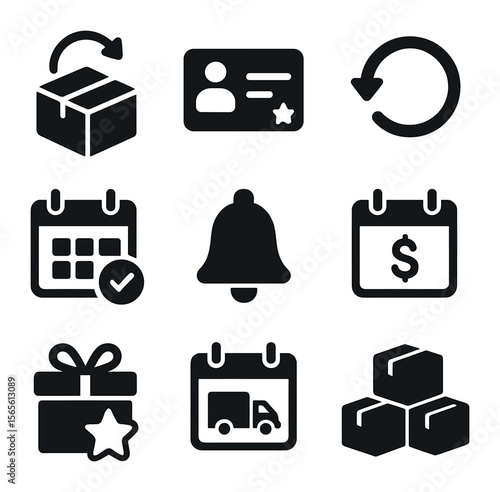 Subscription Shopping Icons. Solid, filled icons set of subscription-based shopping: recurring delivery box,