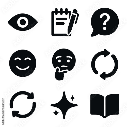 Active Listening Icons. Solid, filled icons set of active listening habits: focused eye, notepad and pen,