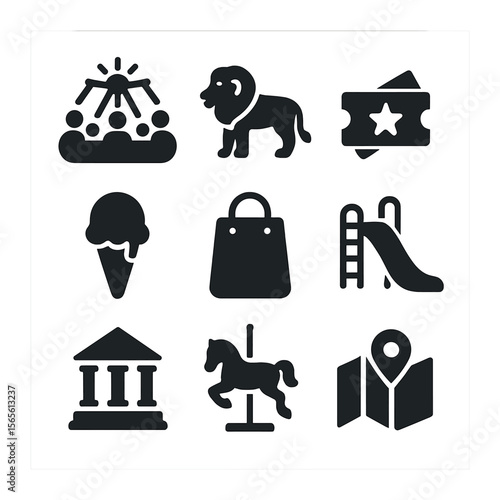 Weekend Outing Icons. Solid, filled icons set of weekend family outings: amusement park ride, zoo animal,