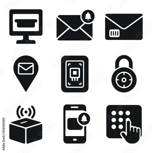 Modern Mailbox Icons. Solid, filled icons set of modern mailbox concepts: digital mail slot, smart