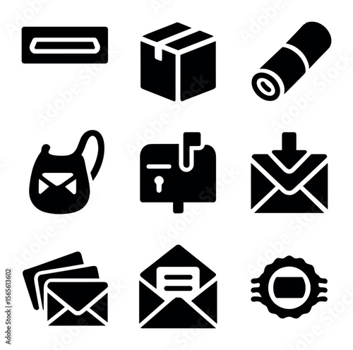 Home Mail Icons. Solid, filled icons set of home mail delivery: front door slot, parcel icon, newspaper roll,