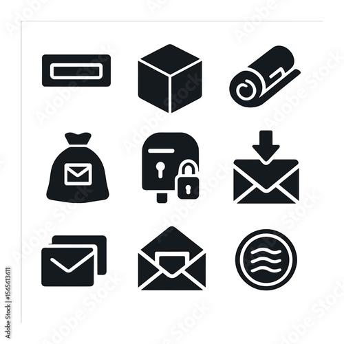 Home Mail Icons. Solid, filled icons set of home mail delivery: front door slot, parcel icon, newspaper roll,