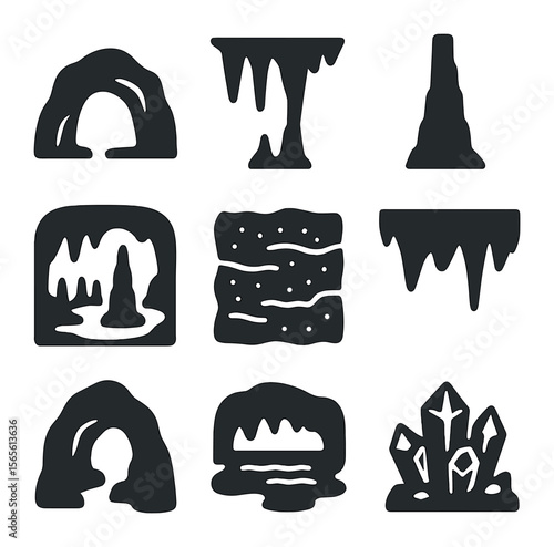 Cave Element Icons. Solid, filled icons set of cave and cavern elements: cave entrance, stalactite formation,