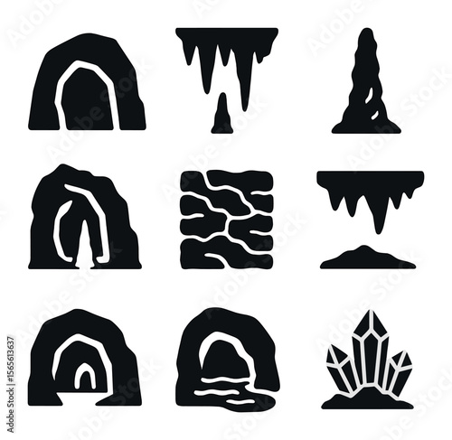 Cave Element Icons. Solid, filled icons set of cave and cavern elements: cave entrance, stalactite formation,