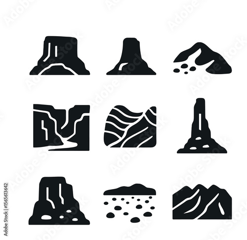 Desert Landscape Icons. Solid, filled icons set of desert rock landscapes: mesa plateau, butte formation,