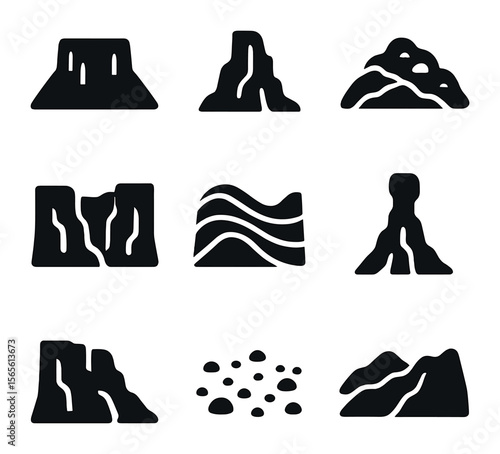 Desert Landscape Icons. Solid, filled icons set of desert rock landscapes: mesa plateau, butte formation,