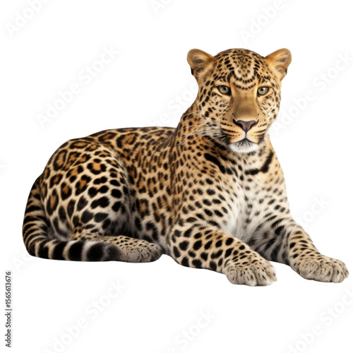 Resting leopard isolated on transparent background, majestic wild cat cutout
