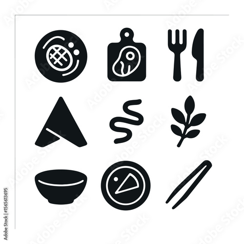 Styled Food Icons. Solid, filled icons set of styled food compositions: overhead shot, rustic board, cutlery