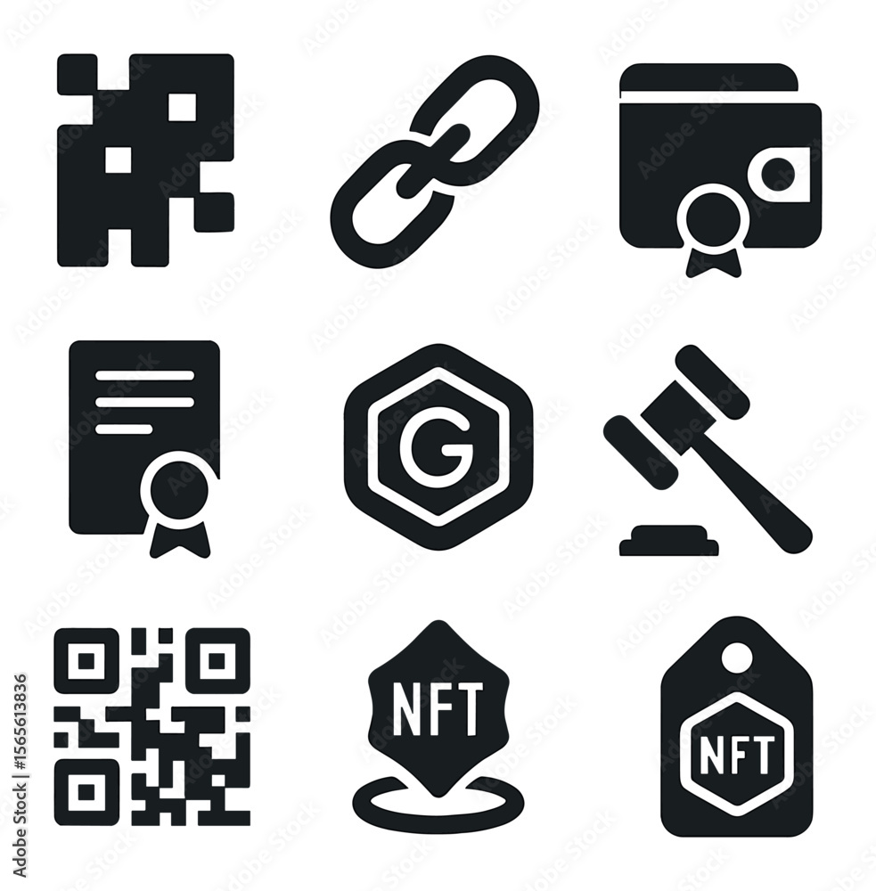 NFT Icon Grid. Solid, filled icons set of NFT-inspired digital assets: pixelated artwork, blockchain chain, NFT Icon Grid. Solid, filled icons set of NFT-inspired digital assets: pixelated artwork, blockchain chain,