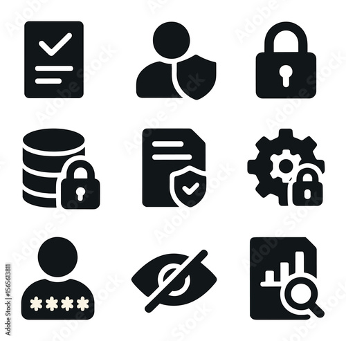 Data Privacy Icons. Solid, filled icons set of data privacy management: consent form, shielded user, lock icon