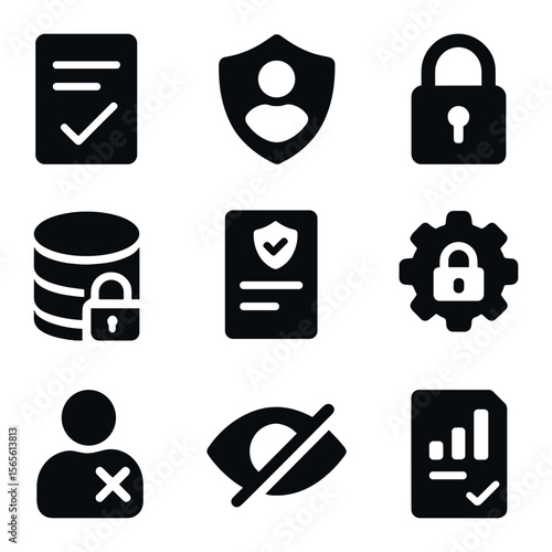 Data Privacy Icons. Solid, filled icons set of data privacy management: consent form, shielded user, lock icon