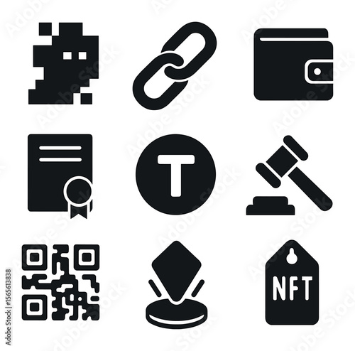 NFT Icon Grid. Solid, filled icons set of NFT-inspired digital assets: pixelated artwork, blockchain chain,