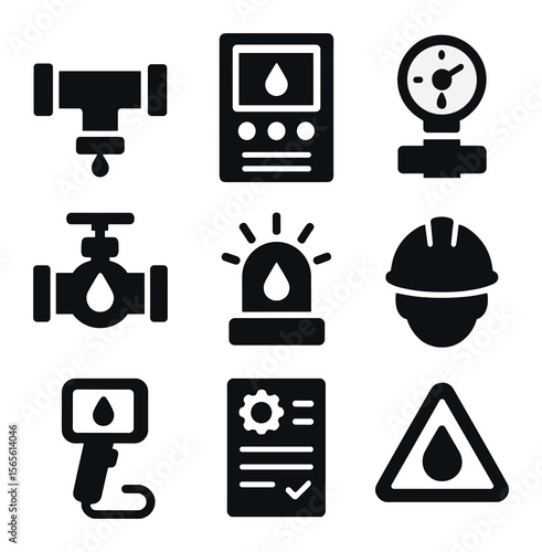 Industrial Leak Monitoring Icons. Solid, filled icons set of industrial leak monitoring: pipeline icon,