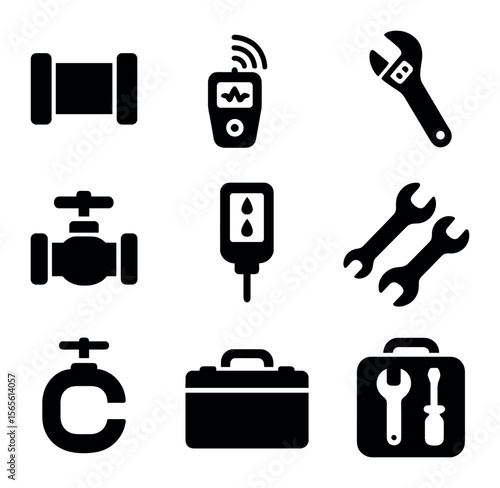 Plumbing Tools Icons. Solid, filled icons set of plumbing inspection equipment: pipe section, leak detector,