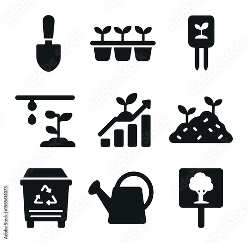 Reforestation Tools Icons. Solid, filled icons set of reforestation and recovery tools: planting spade,