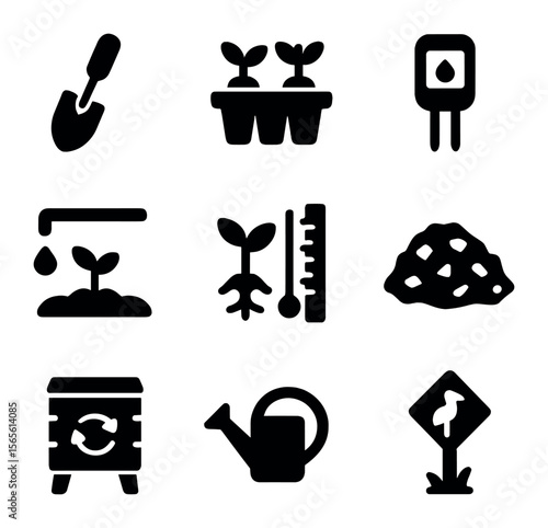 Reforestation Tools Icons. Solid, filled icons set of reforestation and recovery tools: planting spade,