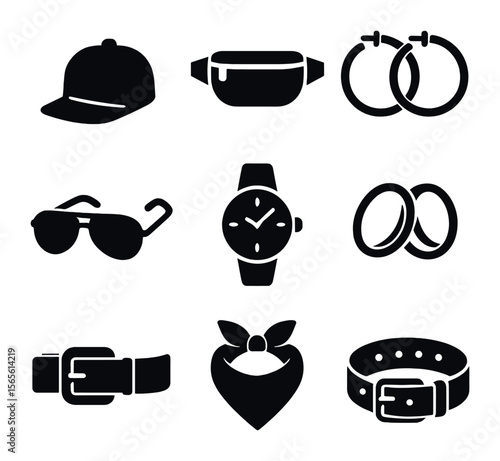 Urban Fashion Icons. Solid, filled icons set of urban fashion accessories: snapback cap, fanny pack, hoop