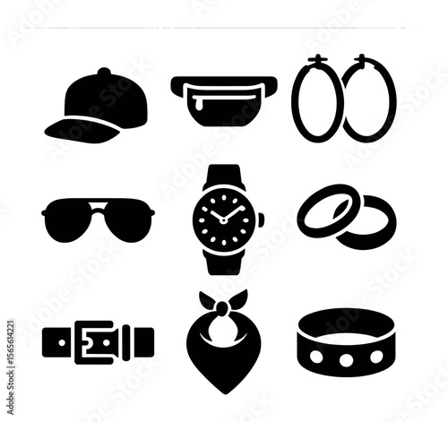 Urban Fashion Icons. Solid, filled icons set of urban fashion accessories: snapback cap, fanny pack, hoop