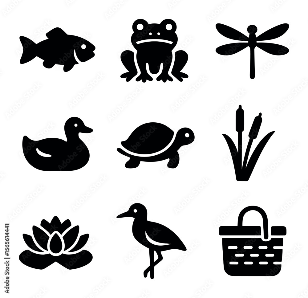 Naklejka premium Lakeside Wildlife Icons. Solid, filled icons set of lakeside wildlife: fish, frogs, dragonflies, ducks,