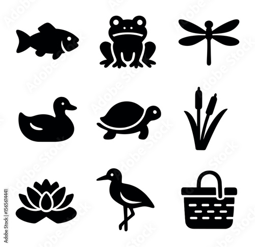 Lakeside Wildlife Icons. Solid, filled icons set of lakeside wildlife: fish, frogs, dragonflies, ducks,