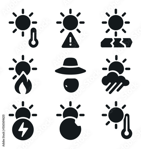 Solar Weather Icons Grid. Solid, filled icons set of solar weather warnings: heat advisory, UV alert, drought