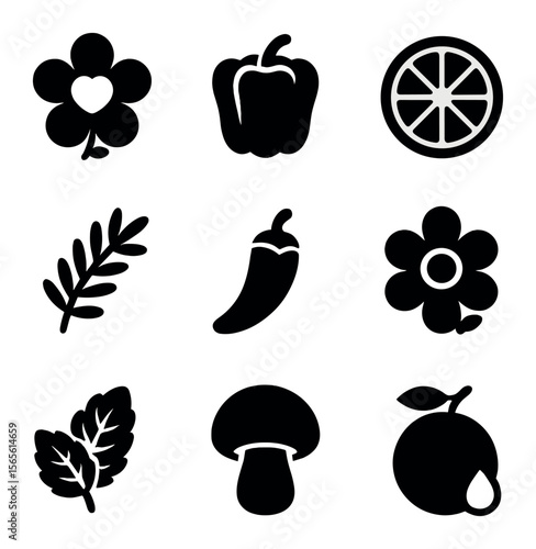 Edible Flower Flavor Icons. Solid, filled icons set of edible flower flavors: sweet, peppery, citrus, herbal,