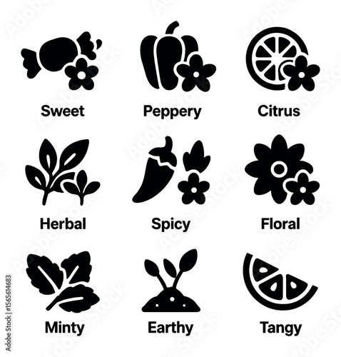 Edible Flower Flavor Icons. Solid, filled icons set of edible flower flavors: sweet, peppery, citrus, herbal,