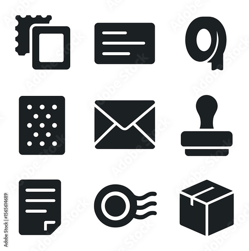 Mailing Essentials Icons. Solid, filled icons set of card mailing essentials: postage stamps, address labels,