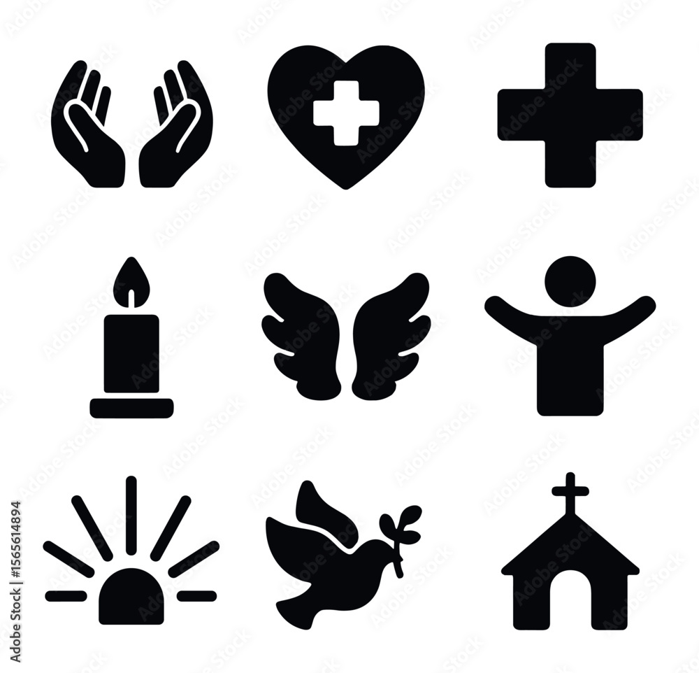 Fototapeta premium Healing Prayer Icons. Solid, filled icons set of Prayer for healing and comfort: healing hands, heart with