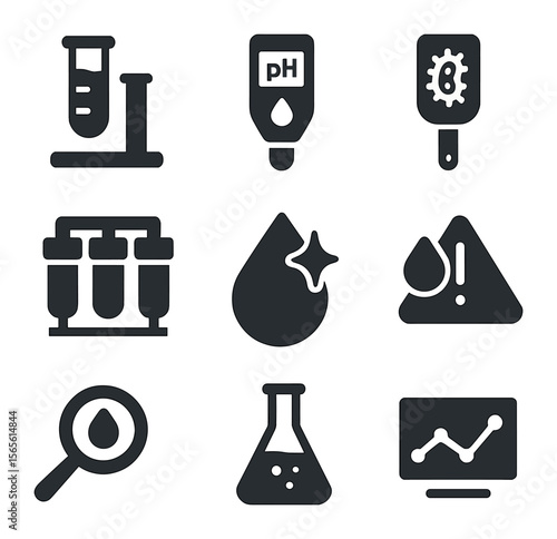 Water Quality Icons. Solid, filled icons set of water quality monitoring: chemical test, pH meter, bacteria