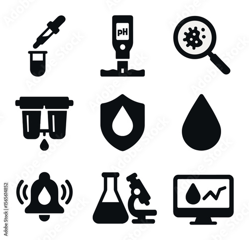 Water Quality Icons. Solid, filled icons set of water quality monitoring: chemical test, pH meter, bacteria