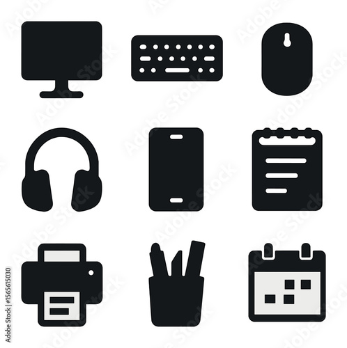 Remote Work Icons Grid. Solid, filled icons set of remote work essentials: computer monitor, wireless keyboard
