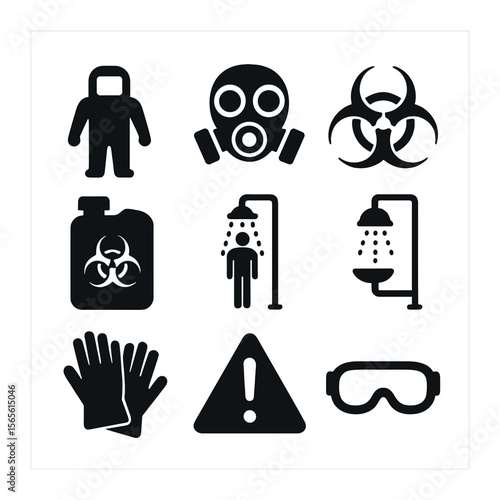 Hazmat Safety Icons. Solid, filled icons set of hazardous material rescue: hazmat suit, gas mask, biohazard