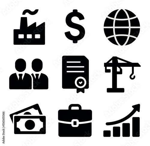 Investment Icons Grid. Solid, filled icons set of foreign direct investment: factory, dollar sign, globe,