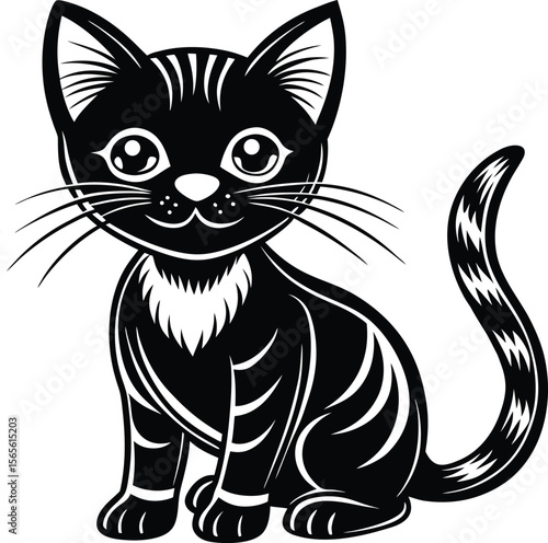 Cute black cat sitting with large eyes and striped tail silhouette .eps