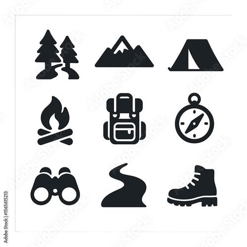 Wilderness Adventure Icons. Solid, filled icons set of wilderness travel: forest trail, mountain, tent,