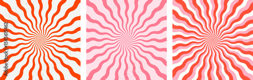 Candy color sunburst background set. Swirling radial ice cream patterns. Swirl candy posters in pink tones. Fun and bright retro burst for sweet designs and party themes. Vector illustration.