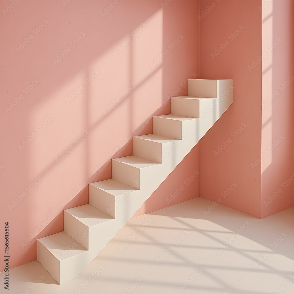 Fototapeta premium A staircase is shown in a room with a pink wall
